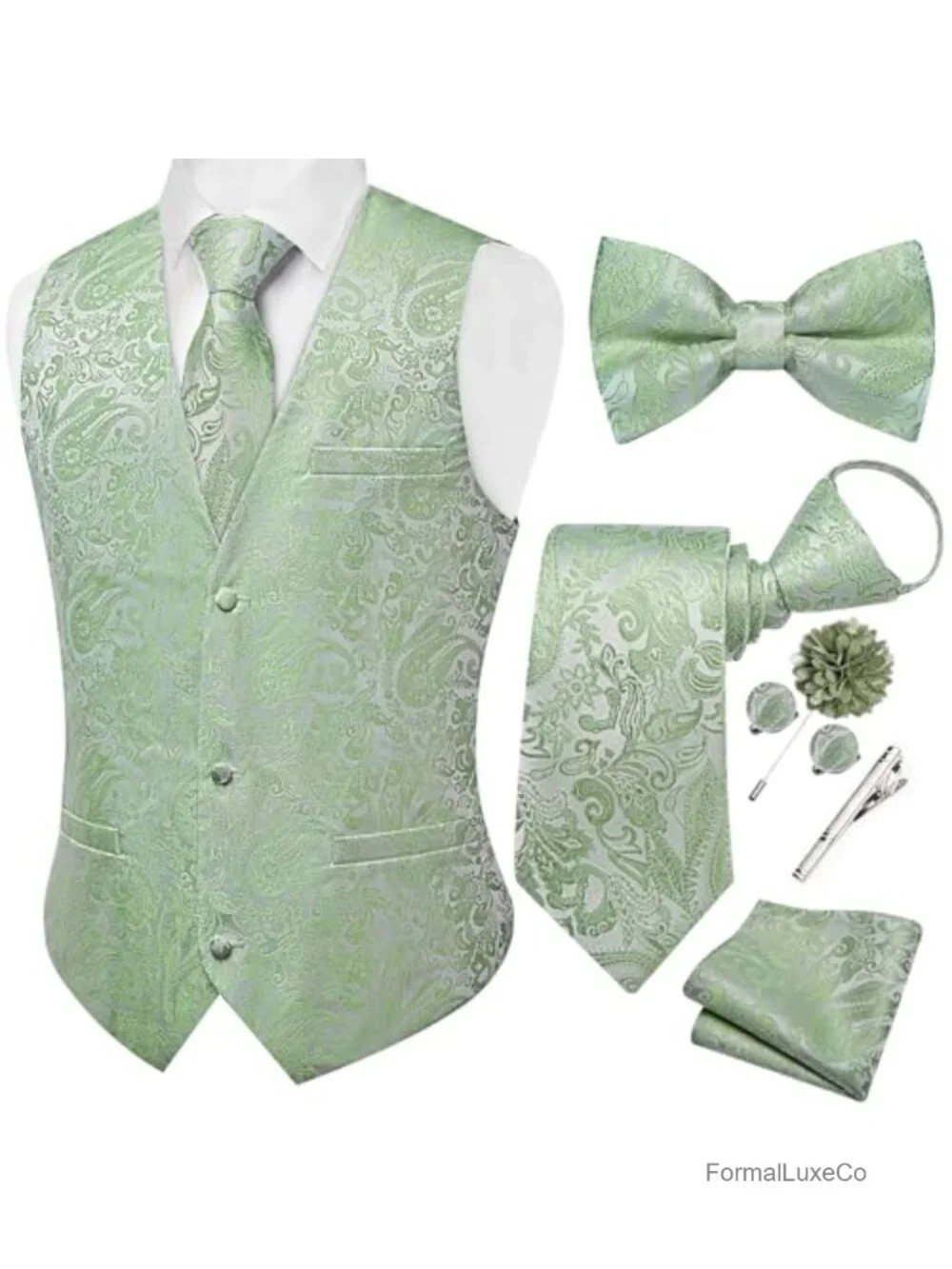 Men's Paisley Suit Vest & Pre-Tied Tie Set, Silk Polyester, Formal Wedding